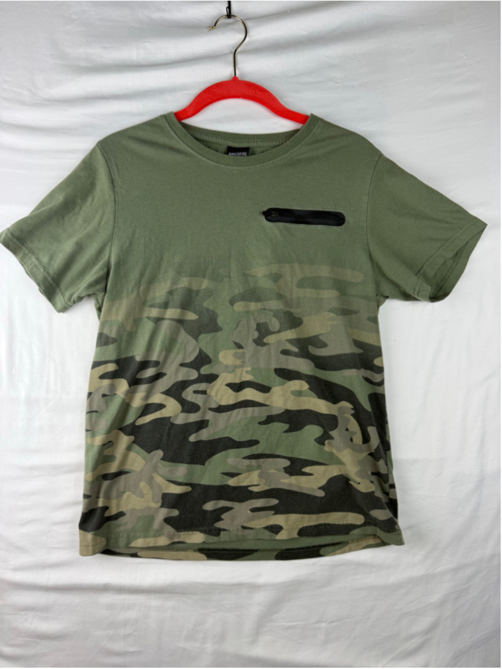 Ring of Fire Boys L Olive Green Camo TShirt Colorblock Streetwear Dip-Dye